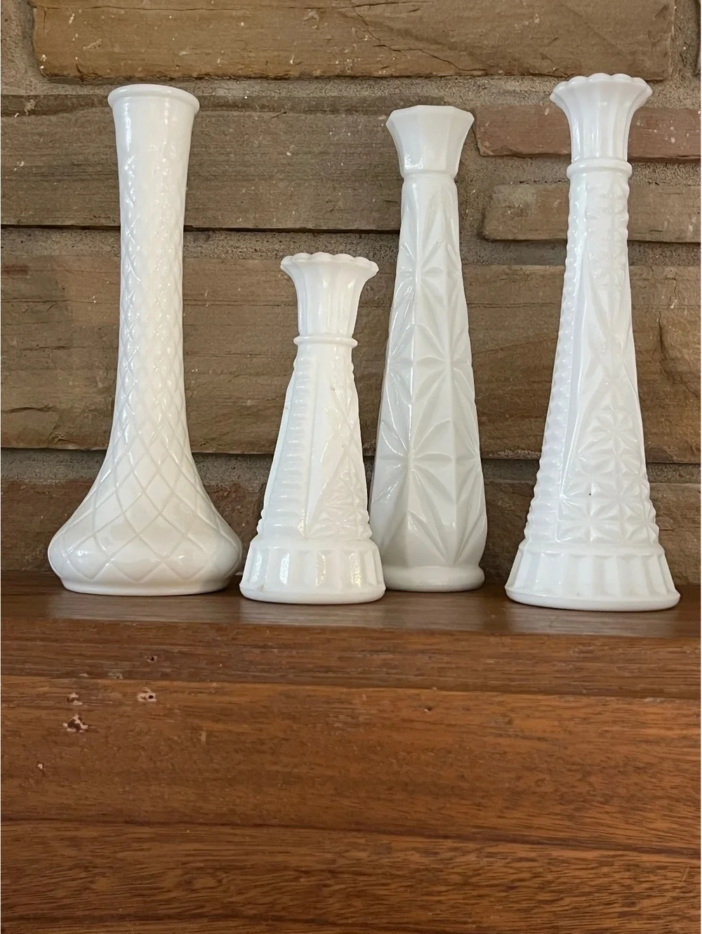 Vintage White Milk Glass Bud Vases with Textured Patterns